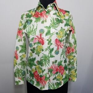 Vintage 60s Point Collar Shirt Multicolor Floral Button Long Sleeve XS Petite